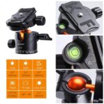 K&F Concept camera tripod head with adjustable angles and measurements, ideal for photography equipment.