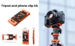 Camera mounted on tripod with phone clip kit, ideal for photography gear enthusiasts.