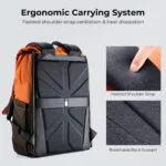 Ergonomic camera backpack with padded shoulder strap and breathable back support.