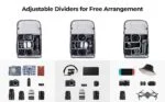 Camera bag with adjustable dividers and photography gear including cameras, lenses, and accessories.