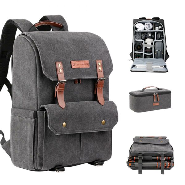 K&F Camera Backpack Stylish Canvas Photography Bag with Rain Cover,14 inch Laptop,Tripod,Lenses