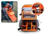 Open camera bag with compartments for cameras, lenses, and accessories, ideal for photographers.