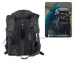 Black camera backpack with adjustable straps and orange accents, suitable for photography gear.