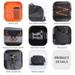 Camera bag with built-in grid, anti-collision partition, elastic band, and multiple pockets for photography gear.