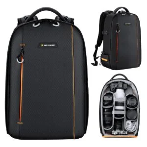 K&F Concept camera backpack with compartments for lenses and accessories, ideal for photographers.
