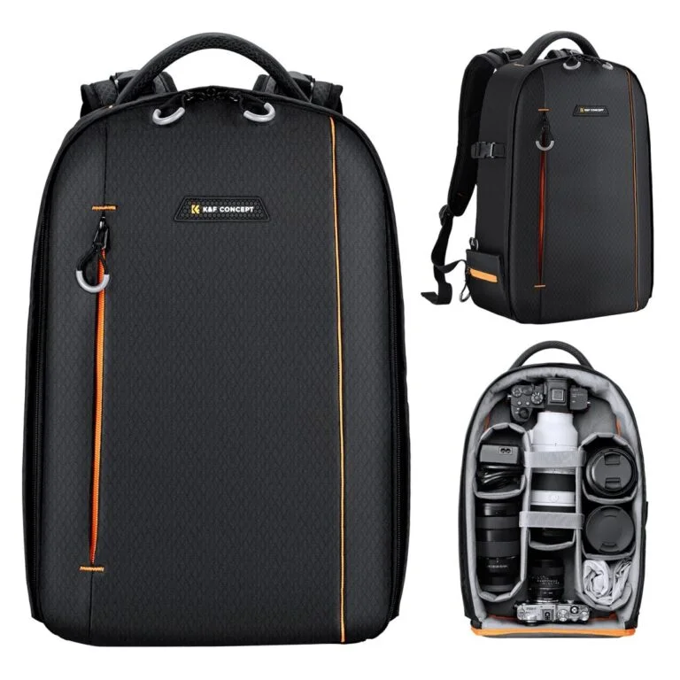 K&F Concept camera backpack with compartments for lenses and accessories, ideal for photographers.