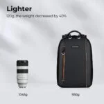 Lightweight K&F Concept camera bag next to a camera lens, showcasing reduced weight.