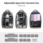Adjustable camera backpack with compartments for lenses and accessories, 18L capacity.