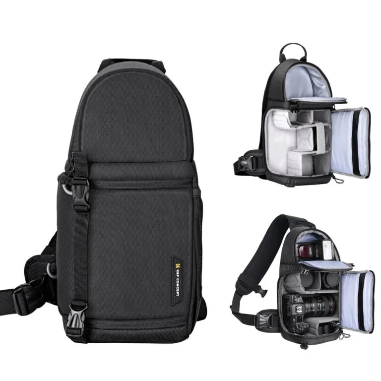 Black K&F Concept camera bag with compartments for photography gear.