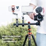 Multi-functional camera accessory setup with tripod and mounts for phone, light, and microphone.
