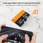 K&F Concept 64GB SD card for photo and video, shown with a smartphone.
