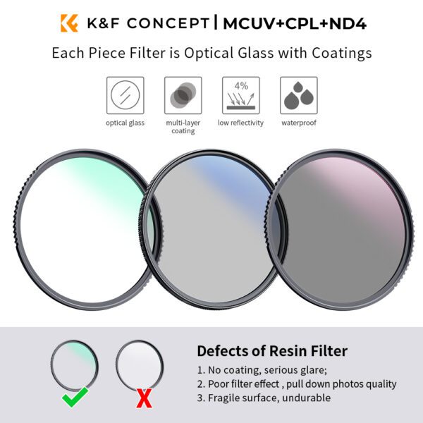 K&F Concept 49mm MCUV+CPL+ND4 Lens Filter Kit with Filter Bag