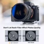 Mirrorless camera with lens and filter comparison, highlighting K&F Concept filter quality.