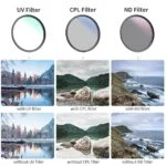 Comparison of UV, CPL, and ND filters on landscape photos.