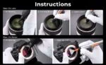 Instructions for cleaning camera lenses and sensors using air blower, brush, and swab.