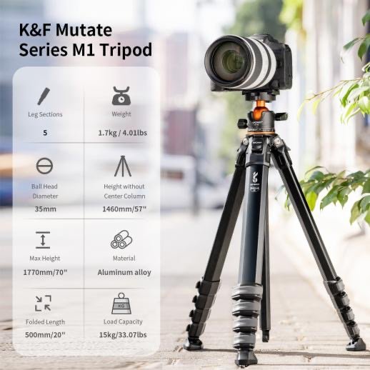 K&F Concept Aluminium Camera Tripod Compact Video Camera Tripod 15kg Load, 1.8m Max Height Portable & Flexible