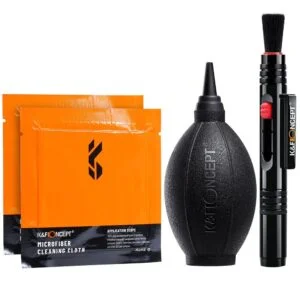 K&F Concept camera cleaning kit with microfiber cloths, air blower, and lens pen.