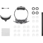 DJI drone accessories kit with headband, lens covers, and cleaning cloth.
