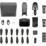 DJI drone and accessories including propellers, controller, and carrying case.