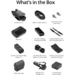 DJI Mavic 3 Pro drone and accessories including cables, sticks, charger, propellers, and bag.