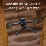DJI drone with omnidirectional obstacle sensing in flight between buildings.