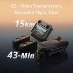 DJI drone with controller and batteries, 15km range, 43-minute flight time.
