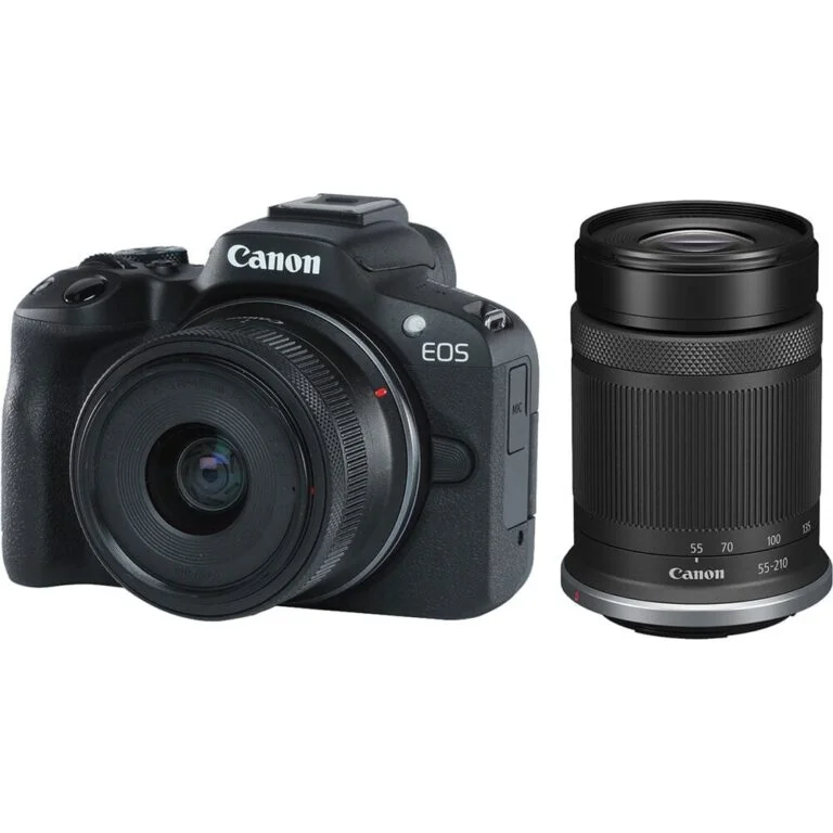 Canon R50 with RF-S 18-45mm and 55-210mm lenses, ideal for versatile photography.