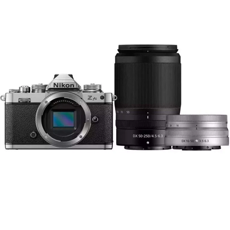 Nikon Z FC camera with DX 16-50mm and 50-250mm VR lenses, available at Camix UK.