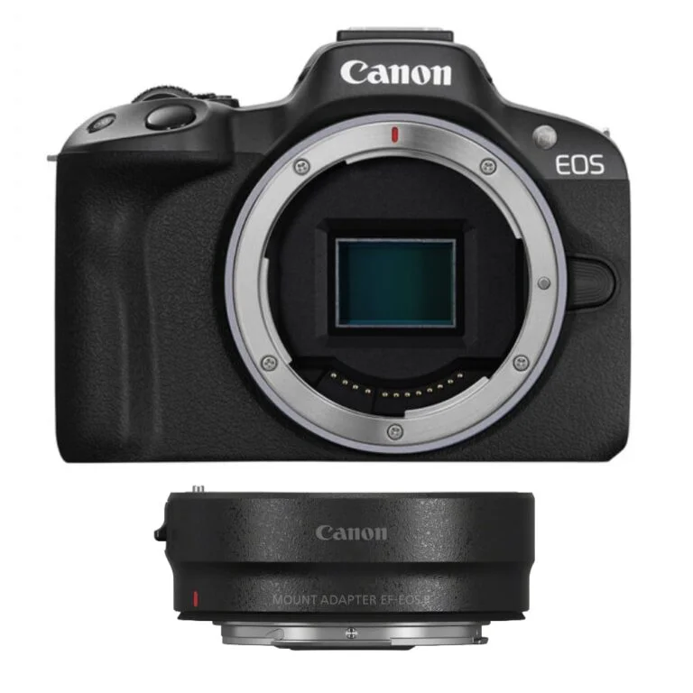 Canon EOS R50 camera body with lens adapter, ideal for photography enthusiasts.
