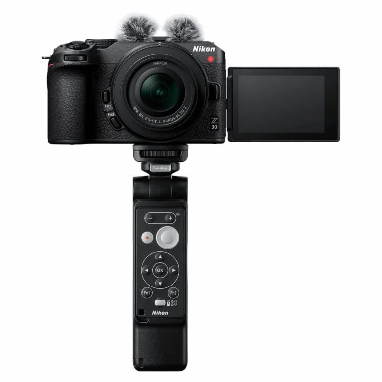 Nikon Z30 vlogger kit with flip screen and remote, ideal for video creators.
