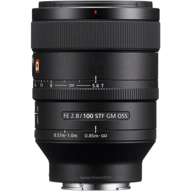 Sony FE 100mm f/2.8 STF GM OSS lens for mirrorless cameras, ideal for professional photography.