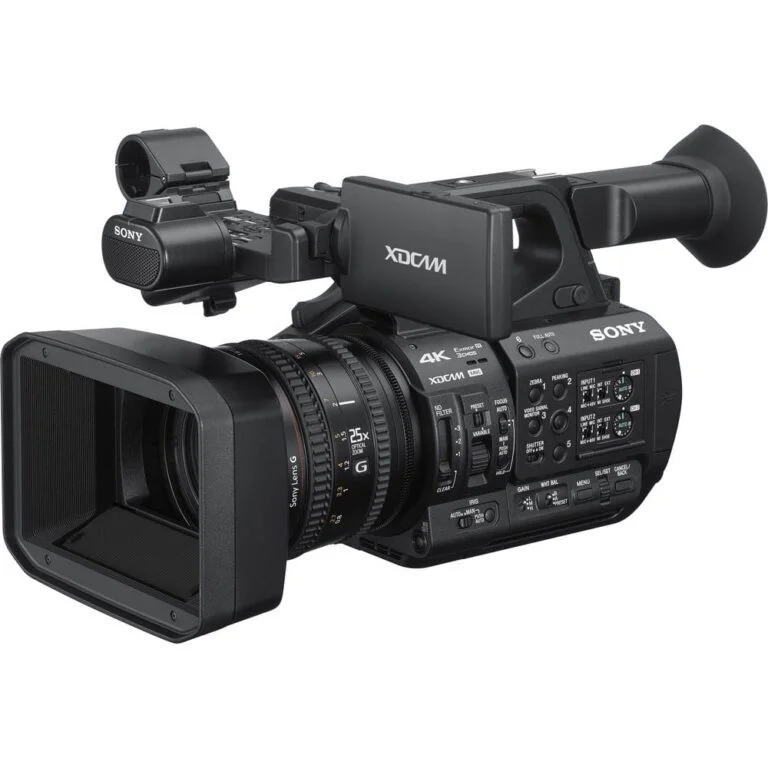 Sony professional video camera with lens and viewfinder, ideal for filmmakers and videographers.