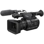 Sony professional camcorder with microphone, ideal for video production.