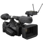 Professional Sony video camera with microphone and accessories, ideal for filmmakers and videographers.