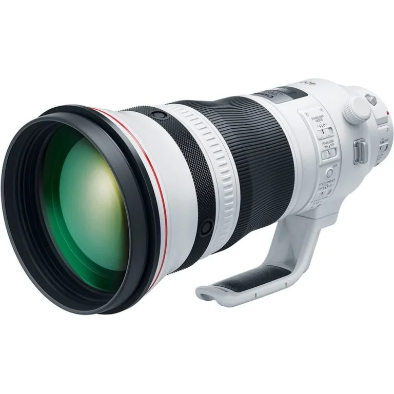 Professional telephoto camera lens with white body and black grip, ideal for wildlife photography.