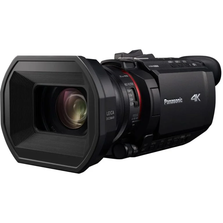Panasonic 4K camcorder with Leica lens, ideal for professional video recording.