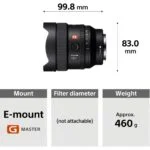 Sony E-mount G Master lens with dimensions and weight details.