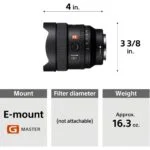 Sony E-mount G Master lens with dimensions and weight details.