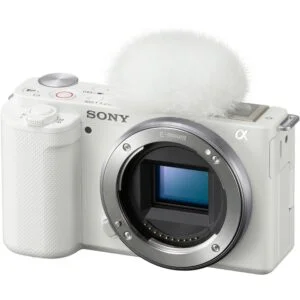 White Sony mirrorless camera body with E-mount, ideal for photography enthusiasts.