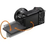 Sony mirrorless camera with tilting screen, ideal for photography and videography.
