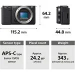 Sony mirrorless camera body with APS-C sensor, 24.2 MP, 343g weight, dimensions 115.2 x 64.2 x 44.8 mm.