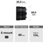 Sony E-mount 50mm lens with 49mm filter diameter and 174g weight.