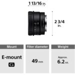Sony E-mount 50mm lens with dimensions and weight details.