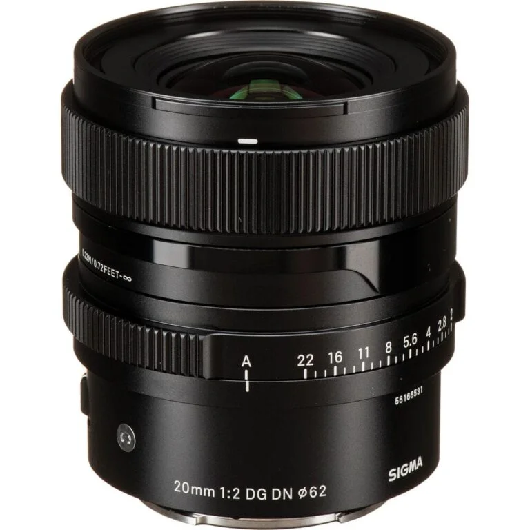 Sigma 20mm f/2 DG DN lens for mirrorless cameras, ideal for wide-angle photography.