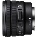 Sony E mount lens with zoom and focus controls, ideal for mirrorless cameras.