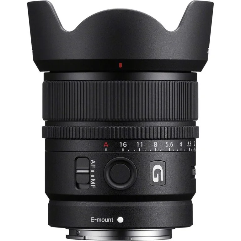 Sony E mount lens with hood, ideal for mirrorless cameras, available at Camix UK.