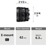 Sony E-mount lens with 62mm filter diameter and 6.3 oz weight.