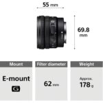 Sony E-mount lens with 62mm filter diameter and 178g weight, ideal for mirrorless cameras.
