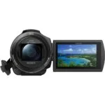Sony camcorder with flip-out screen displaying a scenic view, available at Camix camera shop UK.