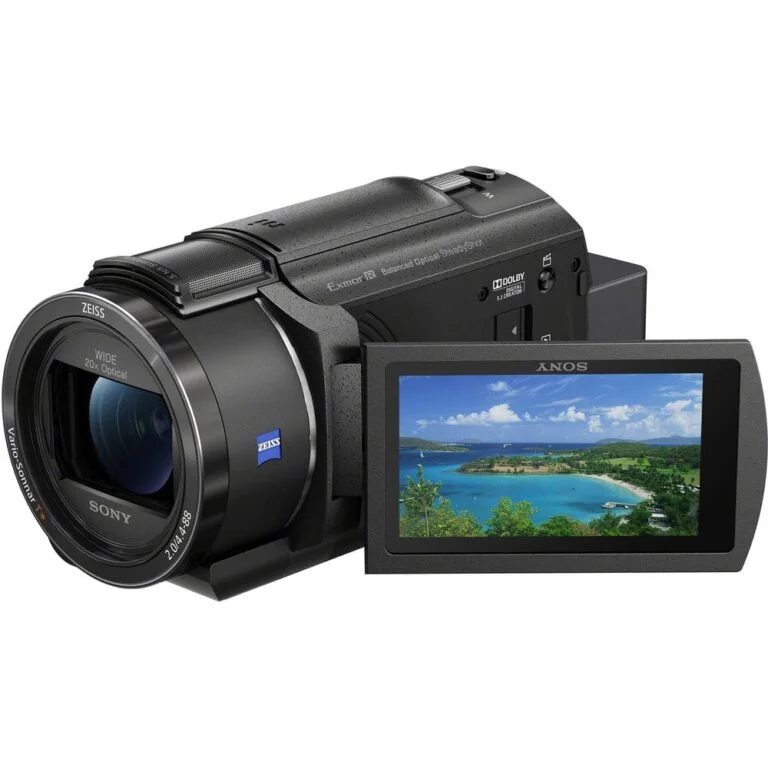Sony camcorder with flip-out screen displaying a scenic view, available at Camix camera shop UK.